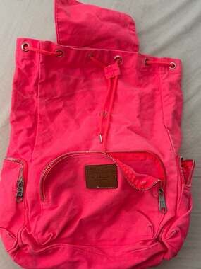 Victoria's Secret PINK Neon Hot Pink Canvas Drawstring Backpack with Flap and Br
